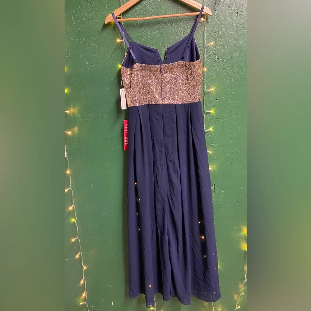 Navy Maxi Dress with Gold Sequin Bodice - Sparkle Evening Gown - Picture 2 of 5